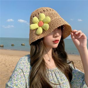 Schattige zon hoed brede runderbloembloemstrand zomer hoed zon bescherm handgemaakte stro emmer hoed voor vrouwelijke meisjes