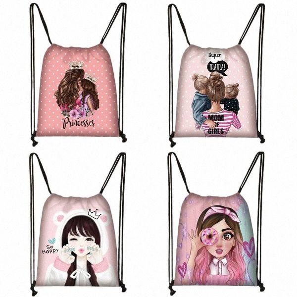 Sac à cordon imprimé mignon Super Mama Sac de rangement pour femmes pour les sacs de boutique Princ Girls Sacs Mesdames Casual Backpack C00H #