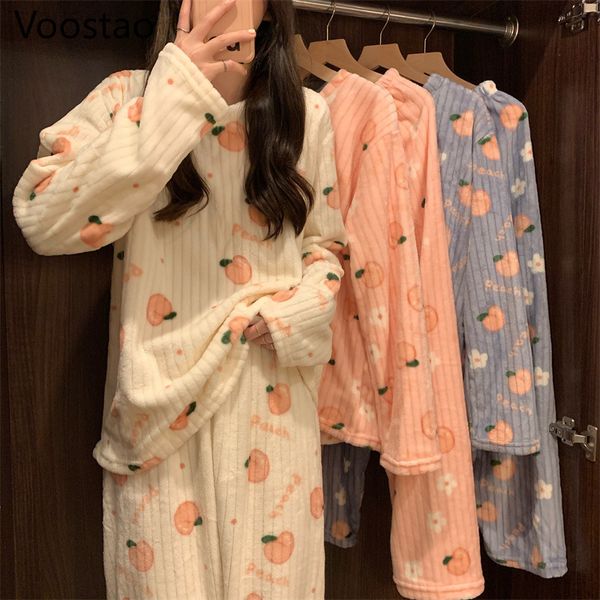 Mignon doux automne hiver chaud pyjamas ensemble femmes Chic corail polaire pêche imprimer doux Homewear femme vêtements de nuit pyjamas 2 pièces ensembles L220803