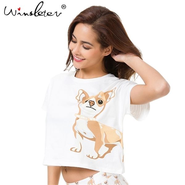 Mignon T-shirt Femmes Chihuahua Imprimer Sleep Top Crop Tops Chien D'été Lâche À Manches Courtes Plus La Taille S-XXL Coton Pyjamas T61013 210421