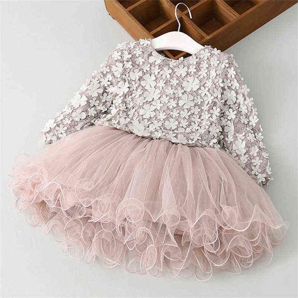 Lindo niño niños vestidos de manga larga para niñas otoño apliques de flores vestido princesa fiesta de invierno vestido de tutú ropa para niños G220518