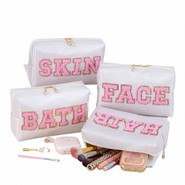 Mignon Travel CHENILLE Varsity Face Letter Sac de maquillage Preppy Patch Cosmetic Pouch pour les adolescents Femmes Femmes Organisateur de stockage de toilette P5og #