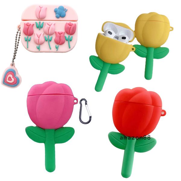 Bonita funda para auriculares con flor de tulipán para Airpods1 2 3 pro generación, carcasa protectora anticaídas para auriculares, carcasa blanda de silicona