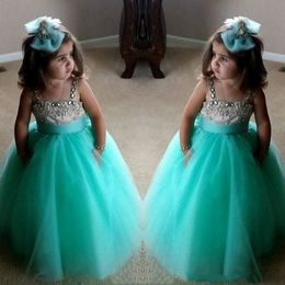 Lindos vestidos de niñas de flores de color verde turquesa Vestidos de cumpleaños de espagueti Correas de tul con cuentas de cristal Vestidos de desfile para niños pequeños para niñas 280y