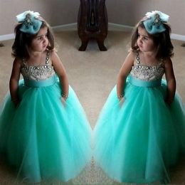Mignon Turquoise Vert Fleur Filles Robes Spaghetti Robes D'anniversaire Bretelles Cristal Perlé Tulle Toddler Pageant Robes Pour Girls250y