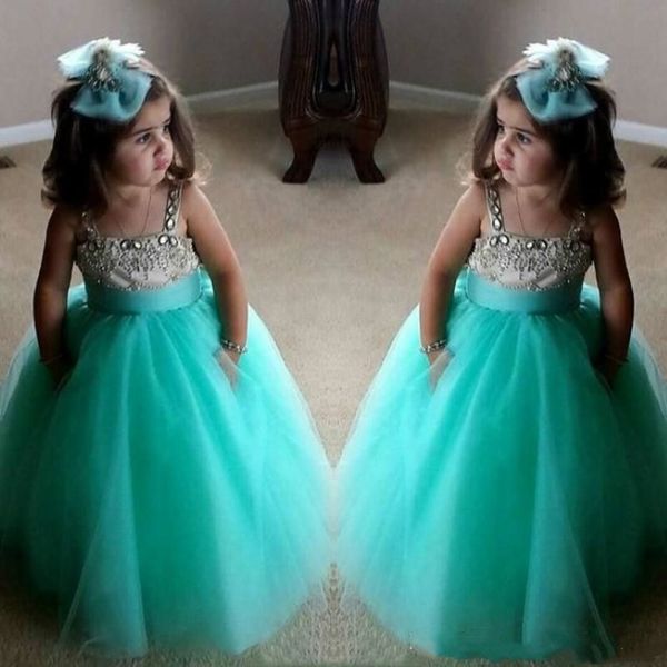 Lindos vestidos de niñas de flores de color verde turquesa Vestidos de cumpleaños de espagueti Correas de tul con cuentas de cristal Vestidos de desfile para niños pequeños para niñas 280y