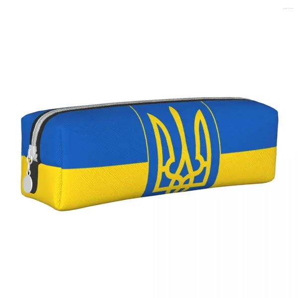 Bonita bandera de Ucrania con escudo de armas, estuches para lápices, caja para bolígrafos para estudiantes, grandes bolsas de almacenamiento, regalos de oficina, papelería