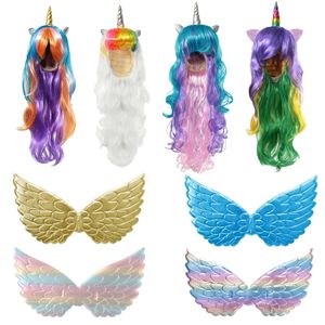 Pelucas de unicornio lindas Pelucas de unicornio onduladas largas Cosplay del pelo falso con cuerno Pelucas sintéticas Decoración Fiesta de cumpleaños de unicornio Decoración 231229