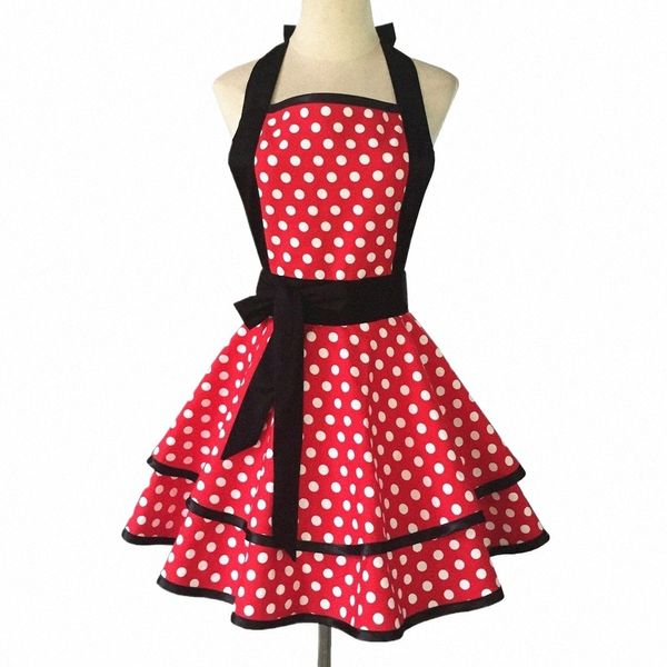 Lindo vintage retro blanco lunares doble capa rojo cocina swing abril con cinturones negros delantal para mujeres niñas C1A14 A87t #