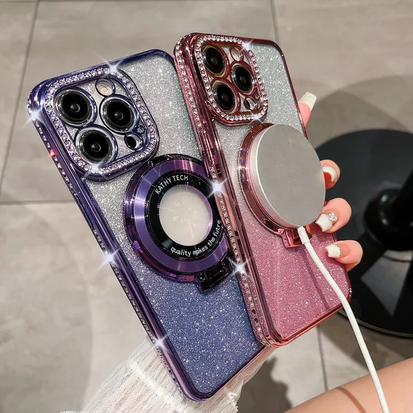 Mignon eau Diamoud souple TPU Bling Bling Magsafe béquille étui pour iPhone 11 12 13 14 15 Pro Max 15Plus iPhone15 poudre de paillettes BlingBling Girl Lady