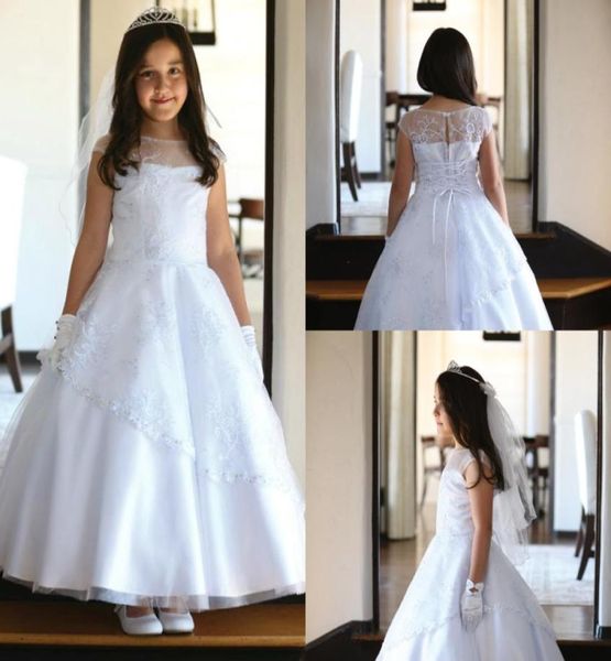 Lindos vestidos blancos de primera comunión con mangas casquillo y encaje, vestidos de flores de cristal para niñas, vestidos árabes modernos para niños baratos 2428076