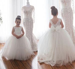 Leuke witte bloem meisjes jurken puffy tule prinses kleine grl's pageant baljurk juweel hals kant applique boog kinderen verjaardag feestjurk lange peuter jurk al9942