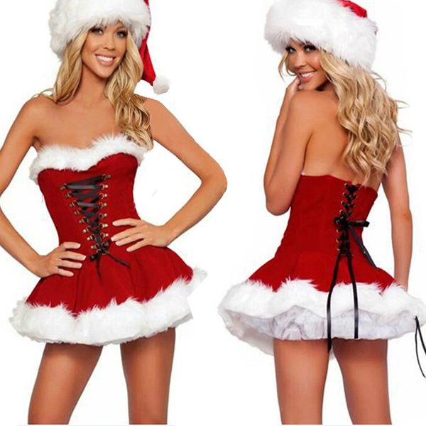 Costume de Cosplay de noël pour femmes, Mini robe sans bretelles, Lingerie à lacets, robe fantaisie Miss Santa avec chapeau