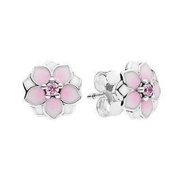 Schattige vrouwen roze magnolia stud oorbellen echte sterling zilveren bruiloftsfeestje sieraden met originele doos voor pandora cz diamanten vriendin oorbel set