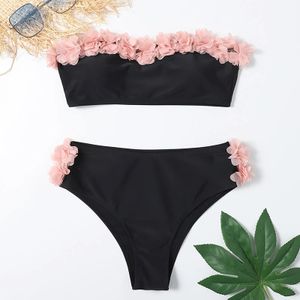 Schattig dames bikinizwempak met bloemen, zwarte geplooide zoom en strapless korte bikini, tweedelig sexy halfhoge zwembroek 240319