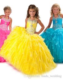 Schattige gele meisjes pageant jurk prinses halter kralen ruches partij cupcake prom jurk voor kort meisje mooie jurk voor klein kind