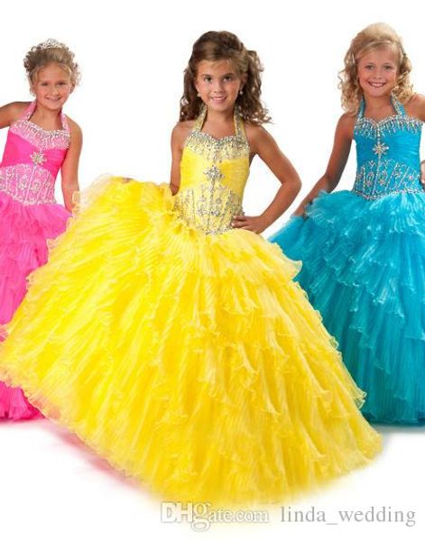 Vestido amarillo lindo del desfile de las muchachas vestido de fiesta de la magdalena del partido de los volantes de la princesa Halter para la muchacha corta vestido bonito para el niño pequeño