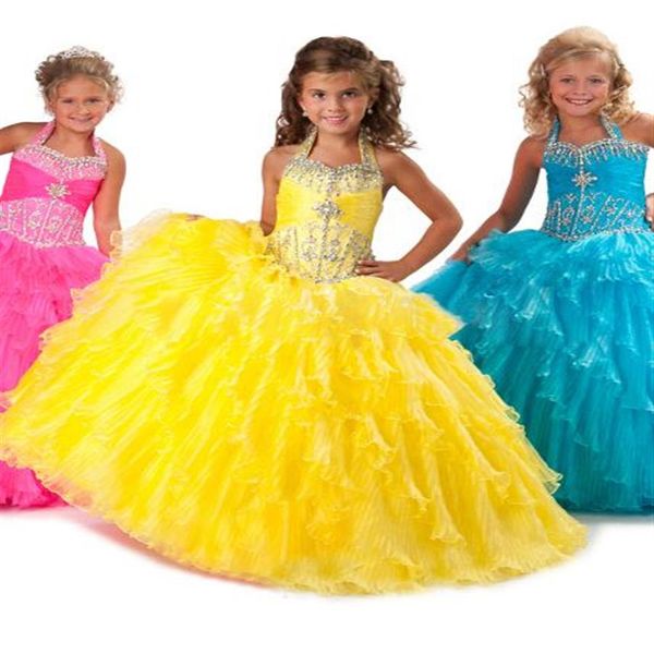 Cute Yellow Girls Pageant Vestidos Princesa Halter Beaded Ruffles Party Cupcake Vestido de fiesta para niña corta Pretty Flower Girl Dresse257b