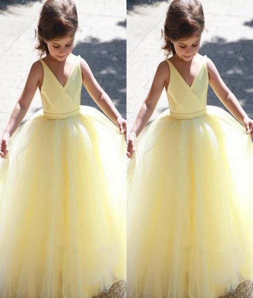 Linda princesa amarilla vestidos de niña de flores vestido de fiesta con cuello en V vestido largo de tul para niños pequeños vestido de fiesta para niños vestido de primera comunión 7054533