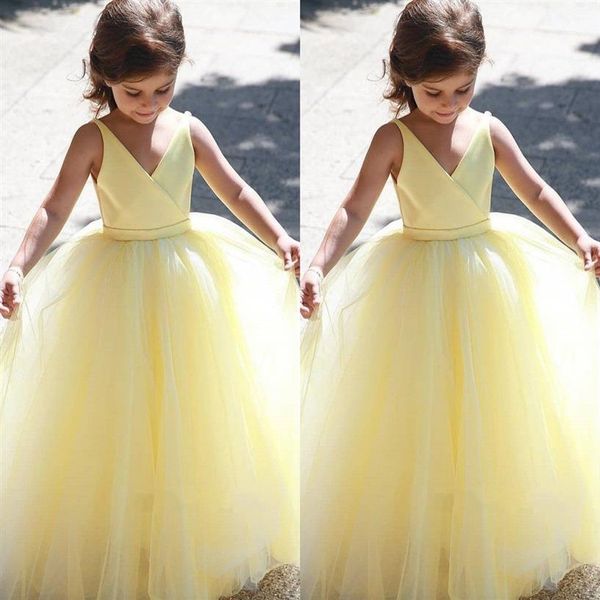 Bonitos vestidos amarillos de princesa con flores para niña, vestido de baile con cuello en V, vestido largo de tul para desfile de niños pequeños, vestido de fiesta para niños, vestido de primera comunión 3048