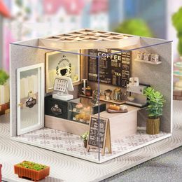 Cutebee DIY poppenhuisset met meubels en licht koffiehuis Miniatuur poppenhuis houten modelspeelgoed voor volwassen verjaardagscadeaus 240130