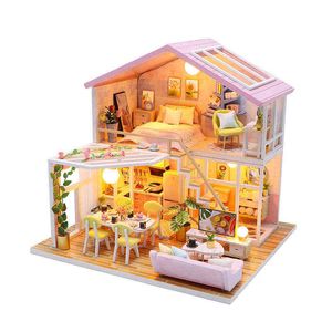 CUTEBEE DIY casa de muñecas casas de muñecas de madera casa de muñecas en miniatura Kit de muebles con juguetes con luz LED para niños regalo de cumpleaños M2001 AA220325