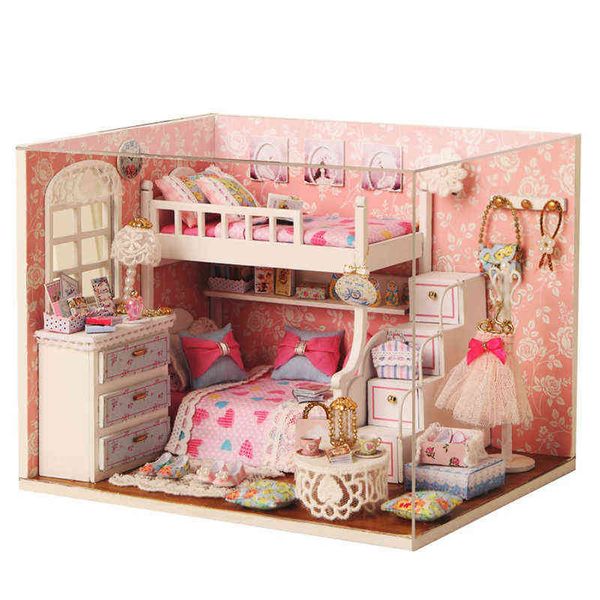 Cutebee DIY Casa en miniatura con muebles LED música cubierta antipolvo modelo Juguetes De bloques De construcción para niños Casa De Boneca AA220325