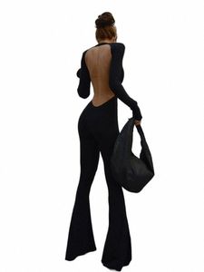 Cutenew Solid Black Sexy Backl Bodyc Wide Leg Combinaison Femmes Automne Casual Slim Lg Manches O-Cou Combishort Lady Streetwear r2bx #