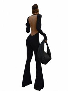 Cutenew Solid Black Sexy Backl Bodyc Wide Leg Combinaison Femmes Automne Casual Slim Lg Manches O-Cou Combishort Lady Streetwear f3Eu #