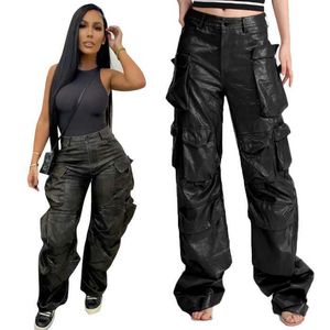 Citenova 23pt110704 Tendance Streetwear Leather Pantalon à jambe large pour les femmes cargo femmes 2023