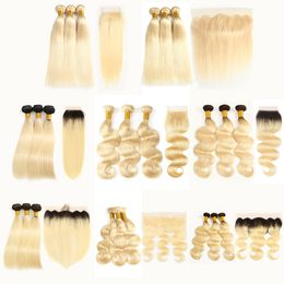 Cuticle uitgelijnd 613 Blonde Haar Rechte Body Wave 613 1b / 613 Cheveux Vierges Brésiliens Weave Bundels met kantsluiting frontale extensies