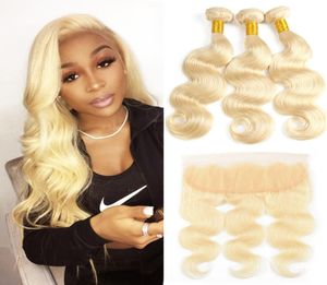 Cuticula Aligned 613 Hair Extensions Body Wave Blond Menselijk haarbundels met frontale 100 Braziliaanse maagdelijke haarweefsels met 13x4 F3582830