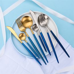 Restaurantmes en vork lepel bestek Silverware Flatware roestvrij staal servies met blauwe handgreep