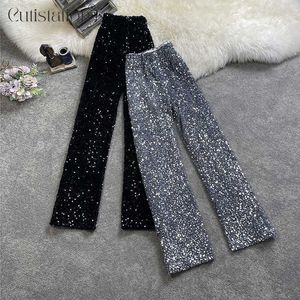 Cutistation Argent Noir Paillettes Pantalon Femmes 2023 Printemps Pleine Longueur Chic Mode Droite Jambe Large Pantalon Soirée Clubwear