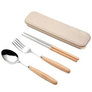 Bestek set draagbare reizen volwassen bestek hout handvat vork camping picknick set cadeau kind kantoor servies qw7422