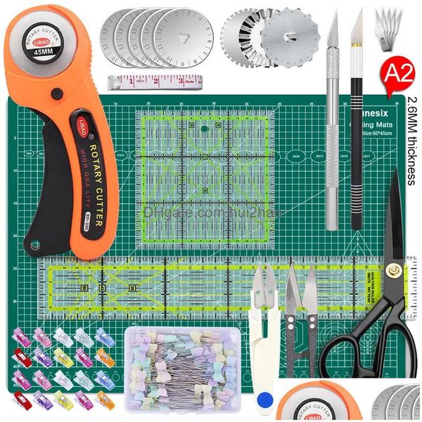 Estera de corte Cortadores rotativos al por mayor Set Withwork Rer Kit de cuchillos para tallar para tela Papel Cuero Coser Tijeras y acolchado D Dhykj