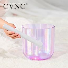 CVNC 7 pouces Alchimie claire Quartz Crystal Singing Bowl Purple avec lumière cosmique pour guérison sonore avec maillet libre et joint torique