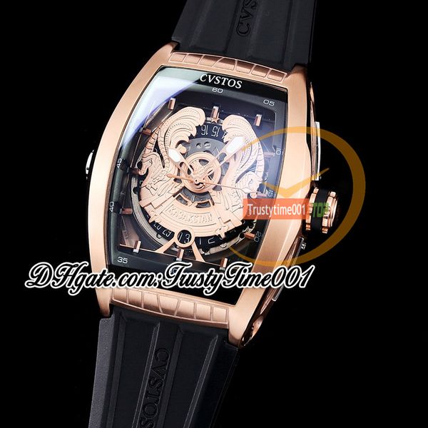 Cvstos Challenge World Coat Of Arms Kazajstán Reloj automático para hombre Esqueleto de oro rosa Correa de caucho Edición limitada Reloj Hombre Relojes trustytime001