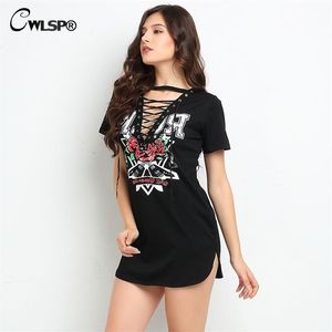 CWLSP Croix t-shirt Robe Gothique Punk rock Femmes Côté Fendu Sexy Mini robe Rock Musique Roses de festa kerst jurk dames QL2792 D1317C