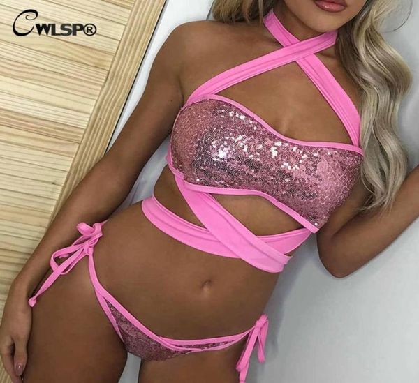 CWLSP Sexy Bling lentejuelas Crop Tops y G Strings conjunto de dos piezas Halter Tank Tops ropa de playa Bikini traje de baño QL39533222348