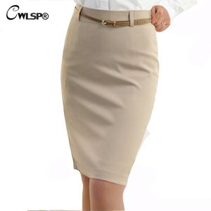 CWLSP été jupe taille haute femmes OL vêtements de travail formels dames Midi jupes crayon maigre avec ceinture grande taille S-3XL 210315