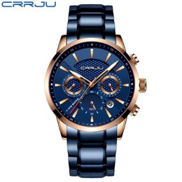 CWP 2021 Crrju Sale Business Men Kijk Fashion Blue Chronograph Stianless Steel Polshipwatch Casual waterdichte Clock Relogio Masculino 274m