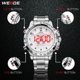 CWP 2021 WEIDE Montre Homme Sport Rétro-éclairage Affichage LED Alarme analogique Date automatique Armée militaire Bracelet en acier inoxydable Quartz Relogio Ma215s