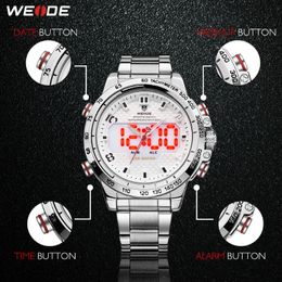 CWP 2021 WEIDE Montre Homme Sport Rétro-éclairage Affichage LED Alarme analogique Date automatique Armée militaire Bracelet en acier inoxydable Quartz Relogio Ma2728