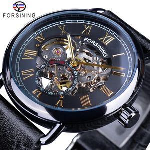 cwp Forsining Noir Doré Montre Romaine Horloge Secondes Mains Conception Indépendante Mécanique Main Vent Montres pour Hommes Résistant À L'eau278v