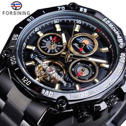CWP ForsiNing Classic Black Mens Mechanical Watches Tourbillon Hollow Skeleton Self Wind Date Moon Phase Steel Belts Automatic Watch 203Y