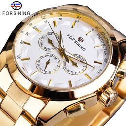 CWP Forsining Golden Men Mechanical Watch Fashion 3 Dial Calendar Banda de acero Gentleman Relojes automáticos Reloj Montre Homme 2604