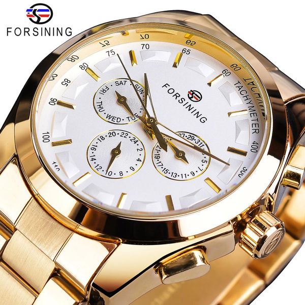 CWP Forsining Golden Men Montre mécanique Mode 3 Cadran Calendrier Bande d'acier Business Gentleman Montres automatiques Horloge Montre Homme