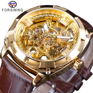 Cwp Forsining Reloj Royal Golden Flower Cinturón de Cuero marrón Transparente Creativo para Hombre de Primeras Marcas Esqueleto mecánico
