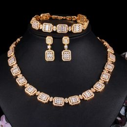 CWWZIRCONS 3 STKS Glanzende Luxe Baguette CZ Bridal Wedding Necklace Earring Armband Dubai Gouden Kostuum Sieraden Sets voor Dames T498 H1022